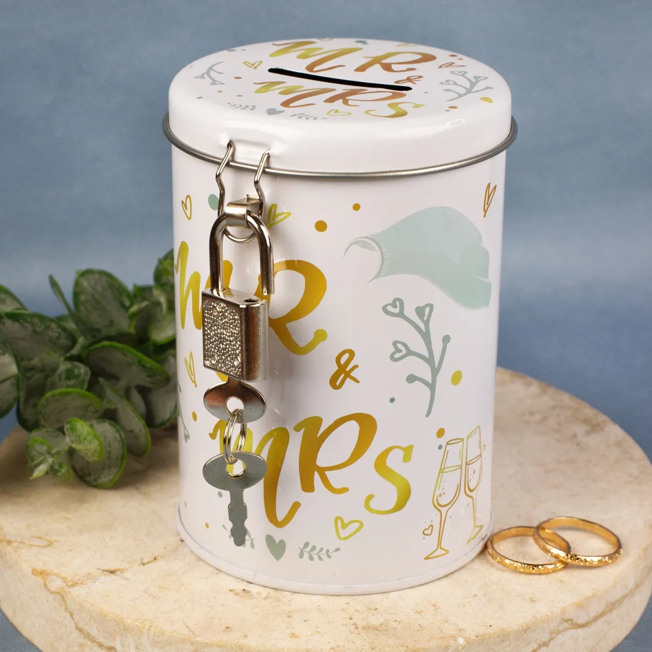 Spardose aus Metall zur Hochzeit - Mr. & Mrs. mit Hochzeitsmotiven, Schloss und Schlüssel