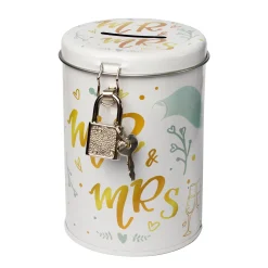 Spardose aus Metall zur Hochzeit - Mr. & Mrs. mit Hochzeitsmotiven, Schloss und Schlüssel