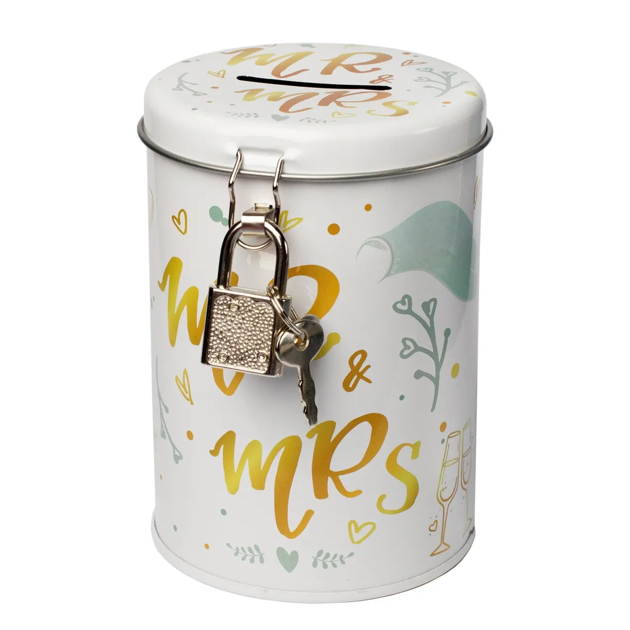 Spardose aus Metall zur Hochzeit - Mr. & Mrs. mit Hochzeitsmotiven, Schloss und Schlüssel