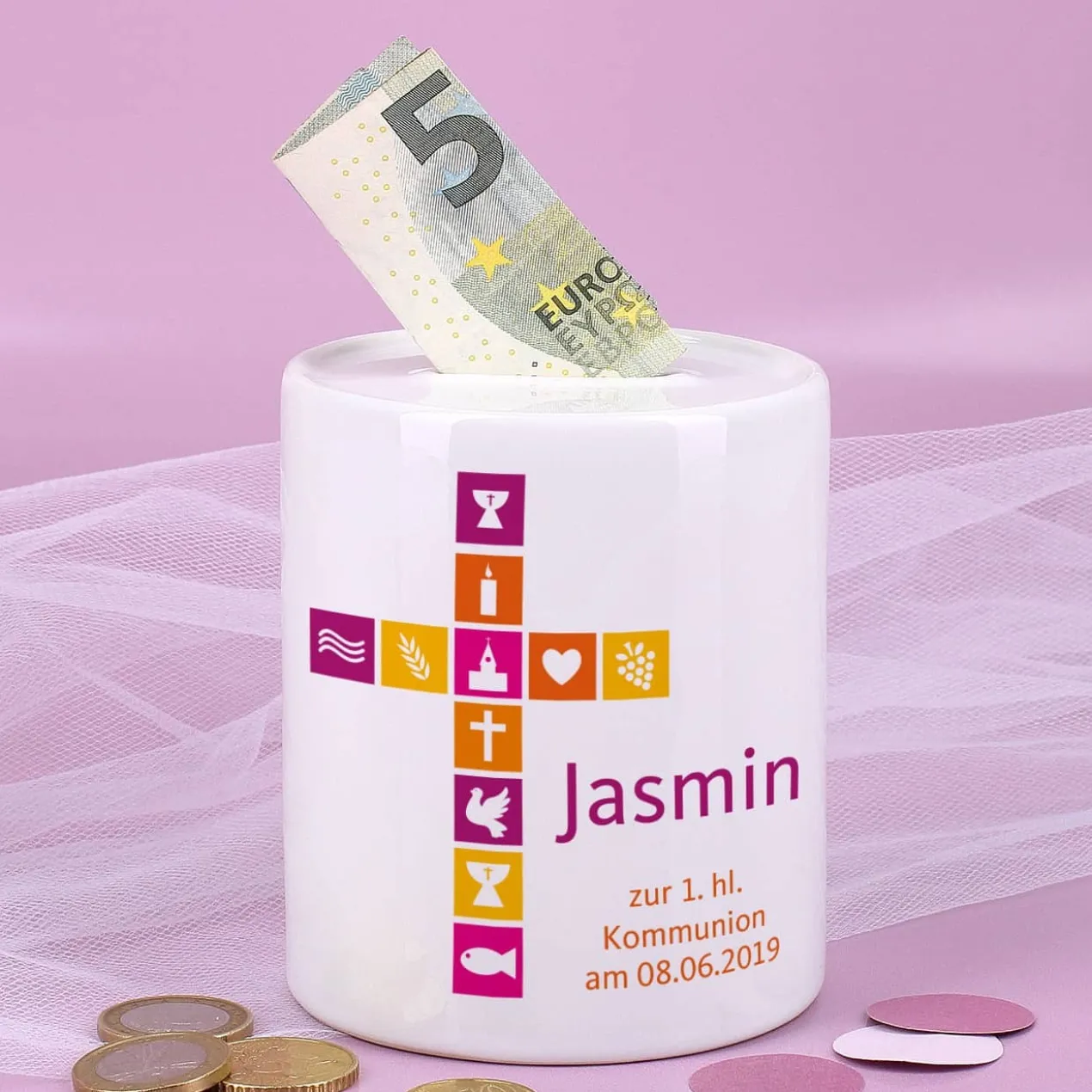 Spardose für Mädchen zur Taufe, Kommunion, Konfirmation mit Kreuz, Name und Wunschtext