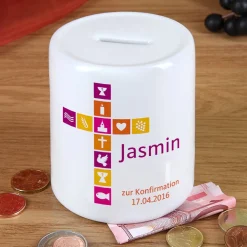 Spardose für Mädchen zur Taufe, Kommunion, Konfirmation mit Kreuz, Name und Wunschtext
