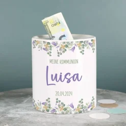 Spardose - Lila Blumen - mit Ihren Wunschtexten zu jedem Anlass