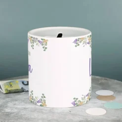 Spardose - Lila Blumen - mit Ihren Wunschtexten zu jedem Anlass