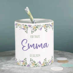 Spardose - Lila Blumen - mit Ihren Wunschtexten zu jedem Anlass