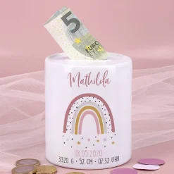 Spardose mit Regenbogen zur Geburt für Mädchen