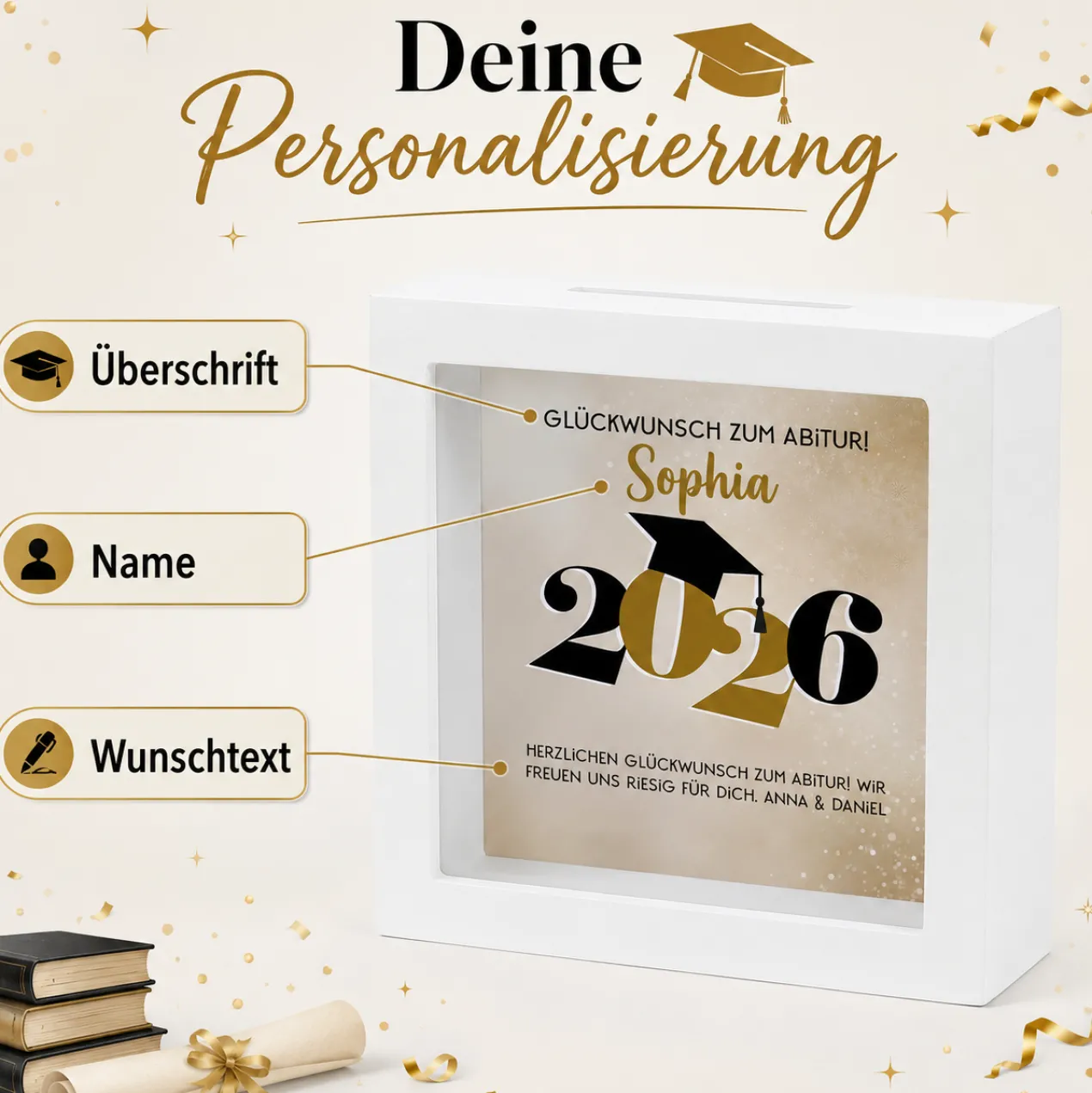 Spardose zum Abschluss 2026 als Bilderrahmen | Personalisiertes Geldgeschenk für Abi, Abitur & Studium