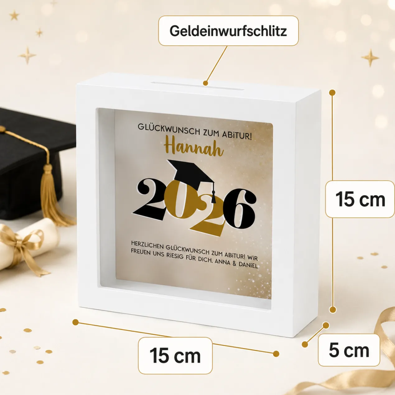 Spardose zum Abschluss 2026 als Bilderrahmen | Personalisiertes Geldgeschenk für Abi, Abitur & Studium