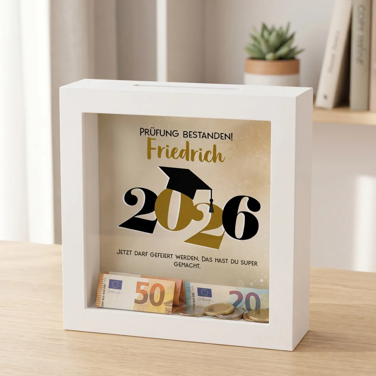 Spardose zum Abschluss 2026 als Bilderrahmen | Personalisiertes Geldgeschenk für Abi, Abitur & Studium