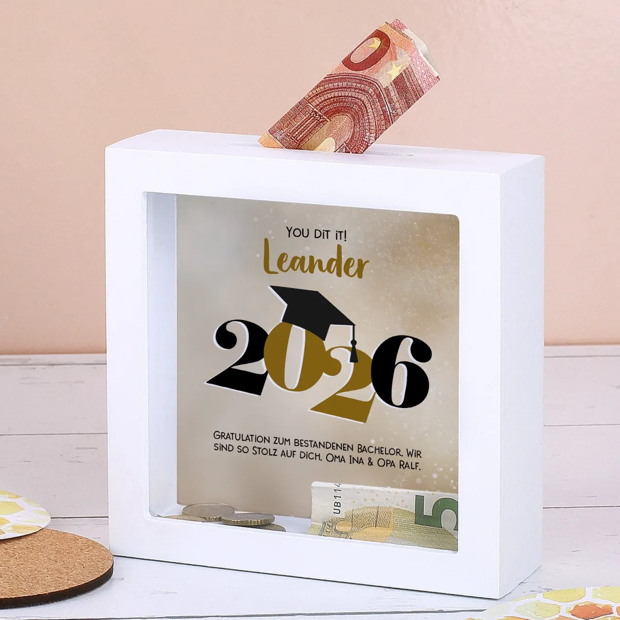 Spardose zum Abschluss 2026 als Bilderrahmen | Personalisiertes Geldgeschenk für Abi, Abitur & Studium