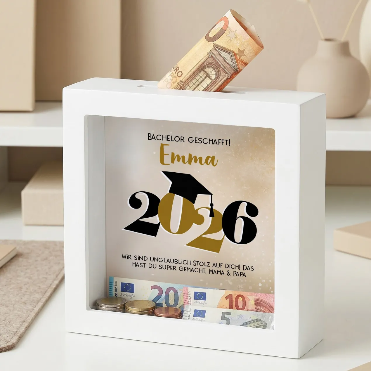 Spardose zum Abschluss 2026 als Bilderrahmen | Personalisiertes Geldgeschenk für Abi, Abitur & Studium