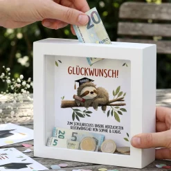 Spardose zum Abschluss als Bilderrahmen mit Faultier | Personalisiertes Geldgeschenk für Abi & Abitur