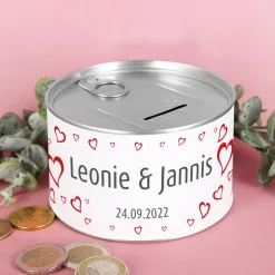 Spardose zur Hochzeit mit Herzen, Namen und Datum