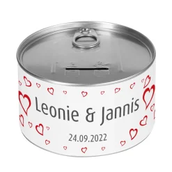 Spardose zur Hochzeit mit Herzen, Namen und Datum