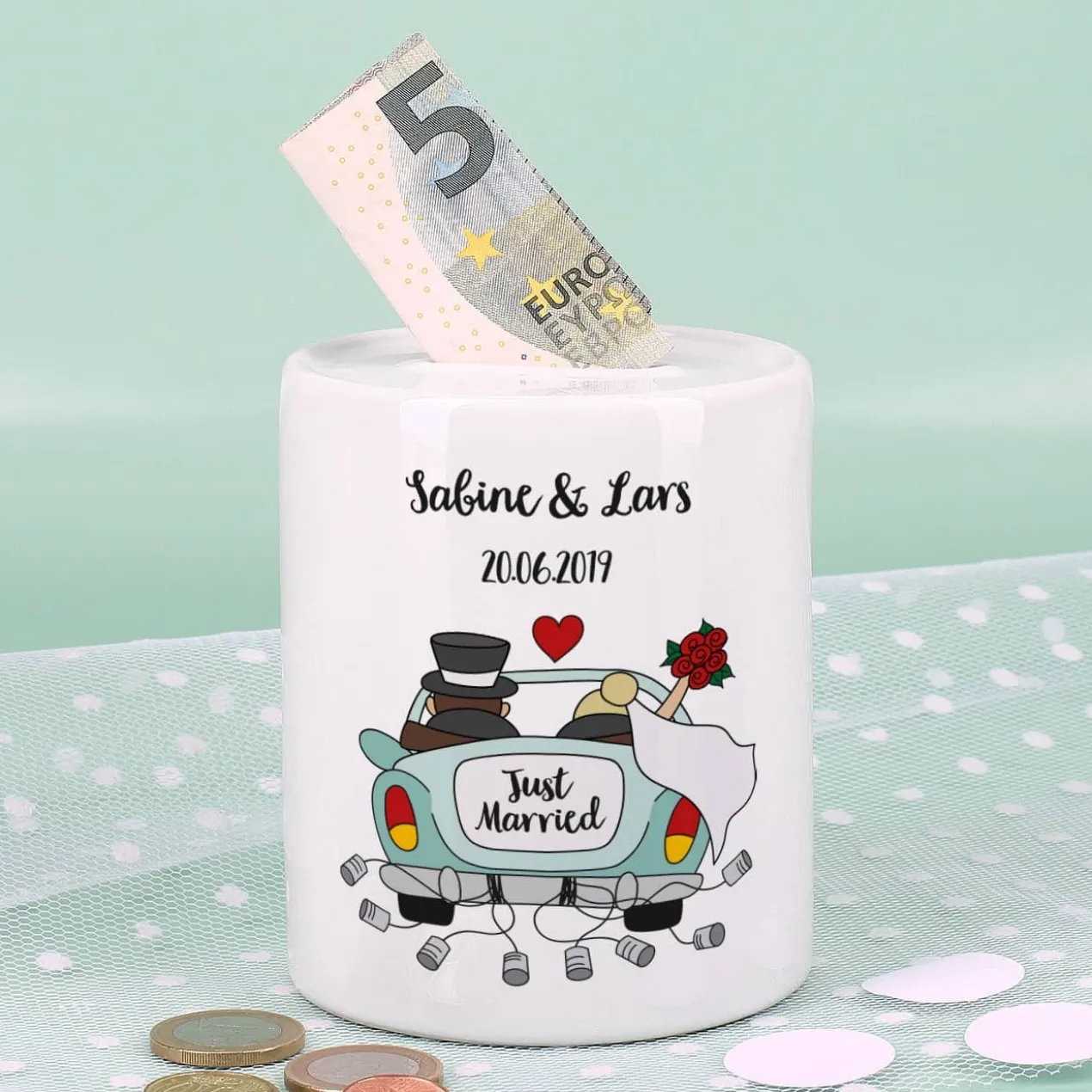 Spardose zur Hochzeit mit Hochzeitsauto als Motiv, Namen und Datum