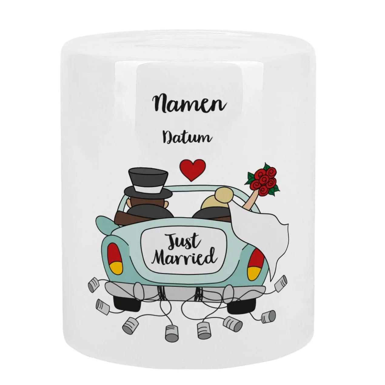 Spardose zur Hochzeit mit Hochzeitsauto als Motiv, Namen und Datum