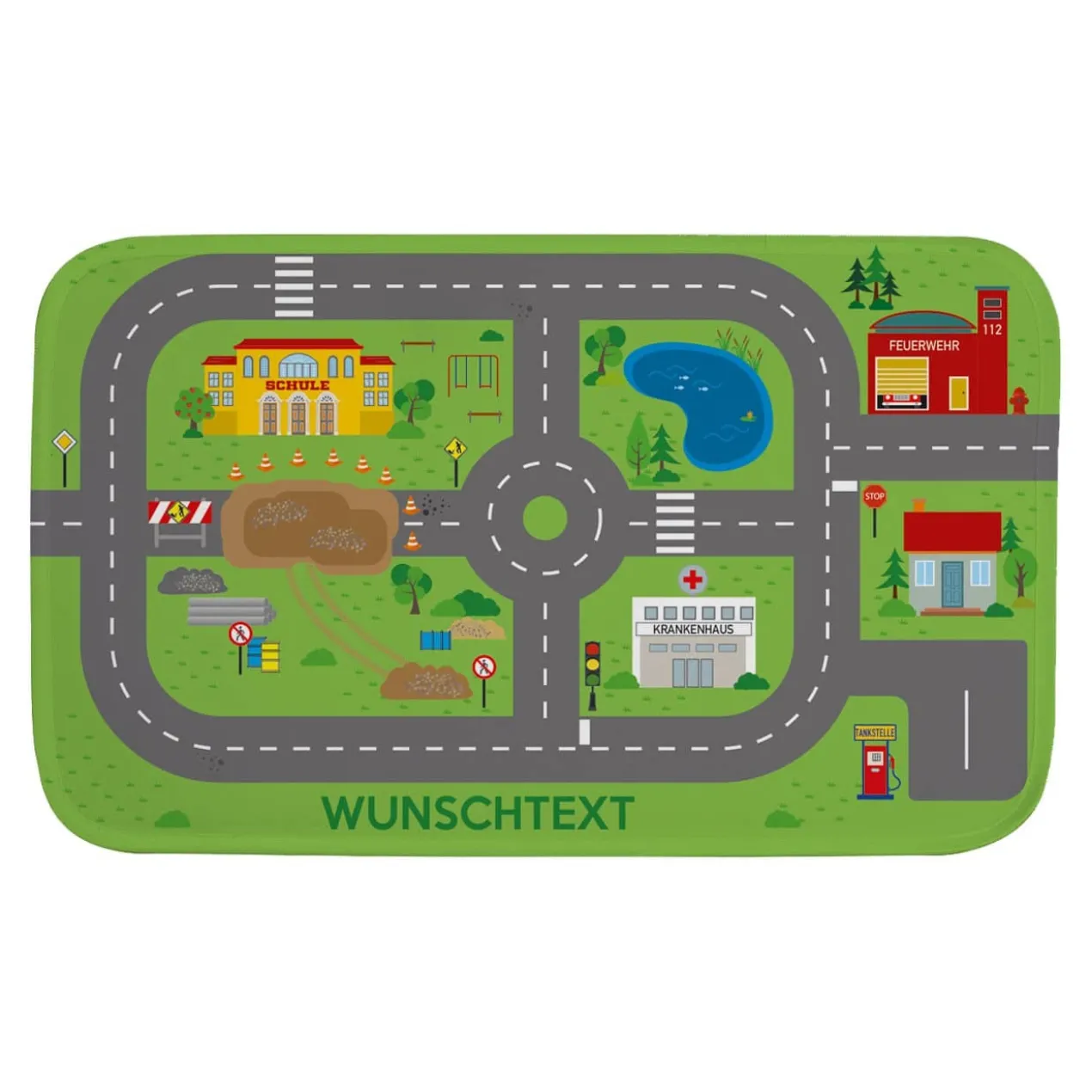 Spielteppich für unterwegs - Stadt mit Baustelle und Wunschtext 76x45cm