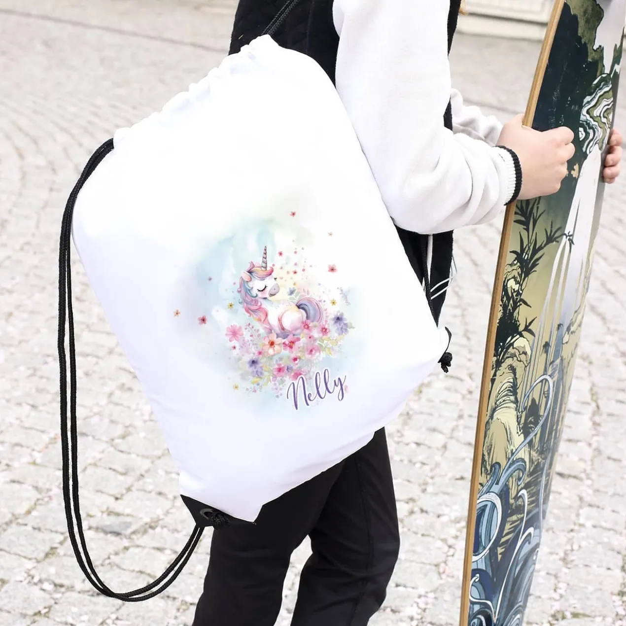 Sportbeutel mit Einhorn-Motiv und Name