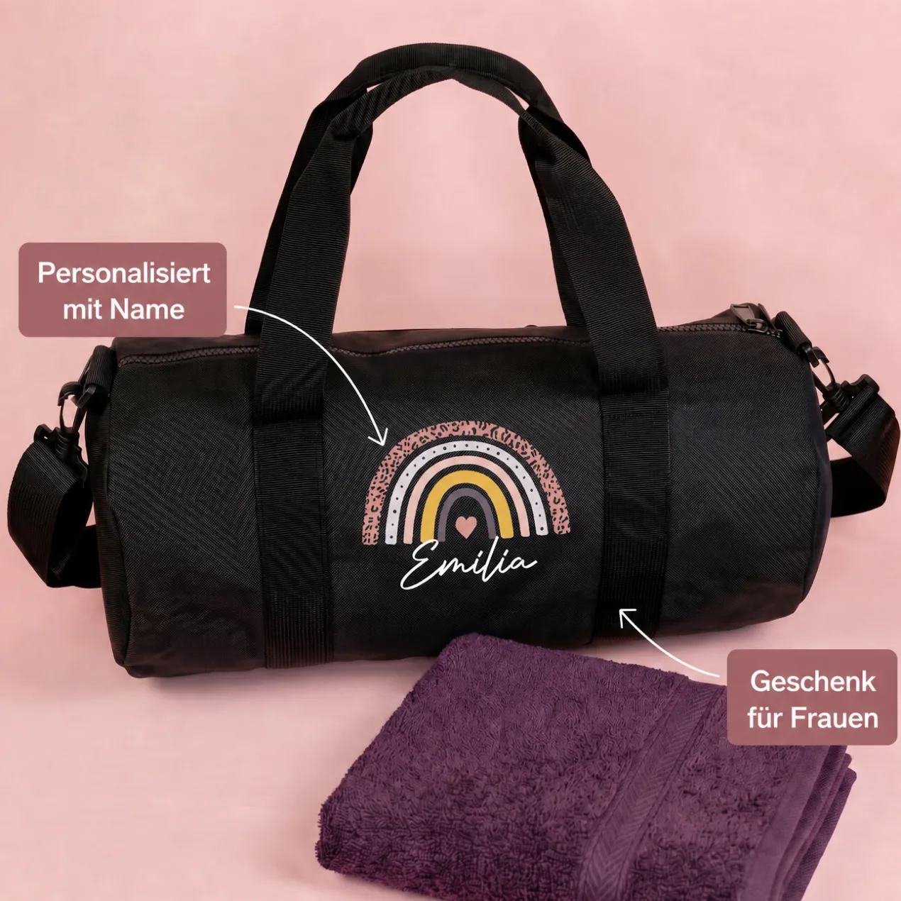 Sporttasche mit Regenbogen Motiv & Name personalisiert | Reisetasche als Geschenk für Mädchen & Frauen