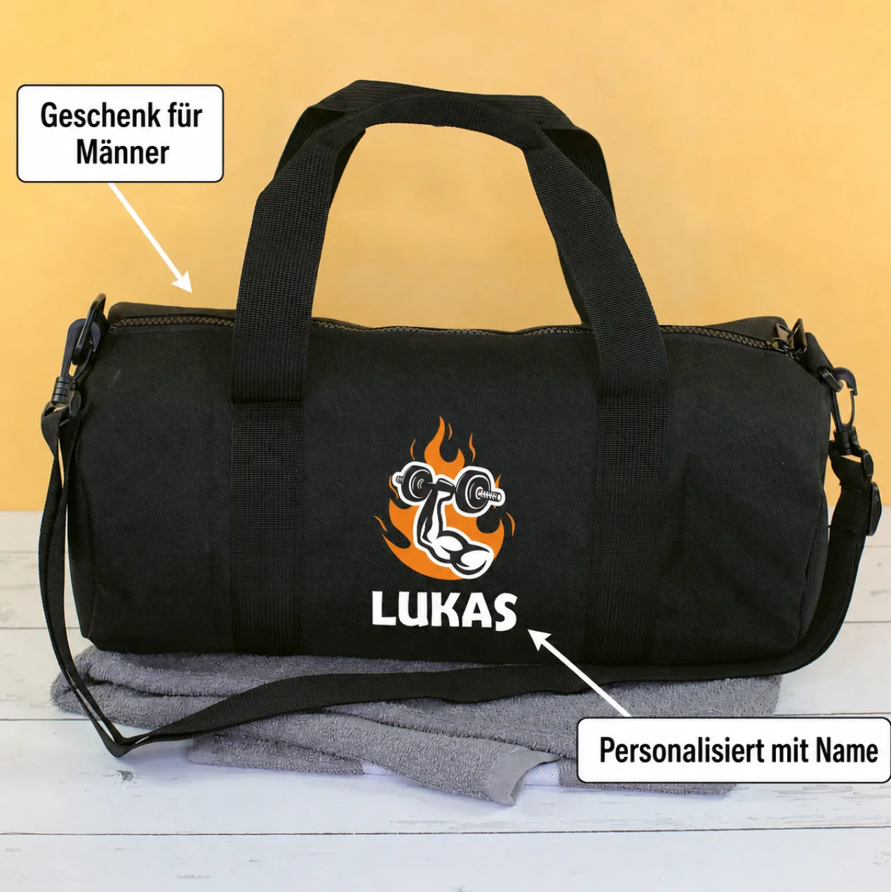 Sporttasche personalisiert mit Name & Gym Motiv | Duffle Bag für Männer & Sport als Geschenk
