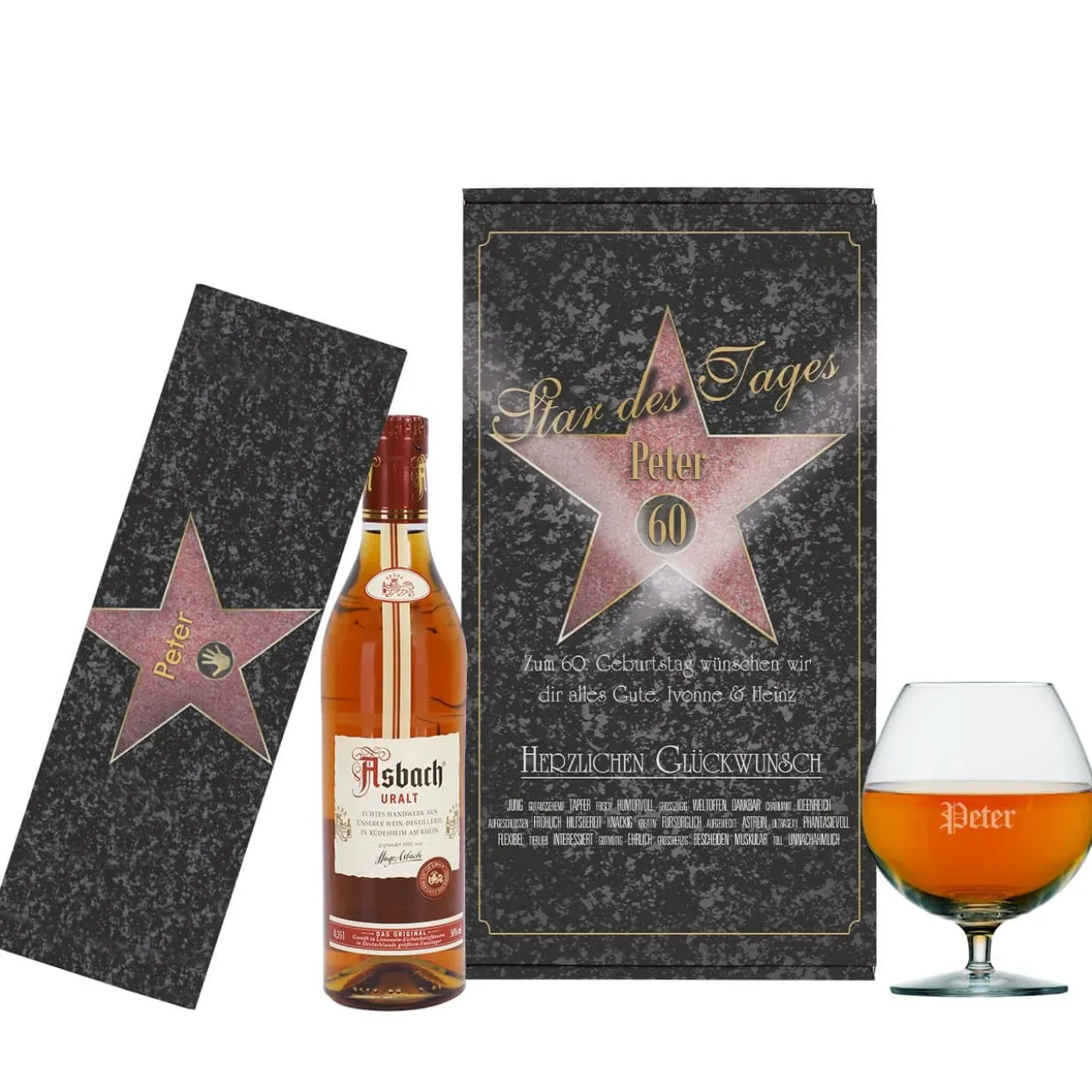 Star des Tages - Geburtstagsgeschenk mit Asbach Uralt, Glas und Schokolade