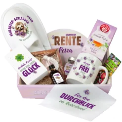 Starter Set zur Rente mit Name personalisiert | Geschenkkorb zum Ruhestand für Kollegen & Familie