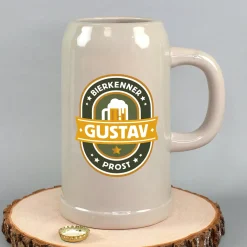 Steingut Bierkrug 'Bierkenner' personalisiert mit Name | Keramik Bierglas 0,5 oder 1 Liter