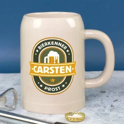Steingut Bierkrug 'Bierkenner' personalisiert mit Name | Keramik Bierglas 0,5 oder 1 Liter