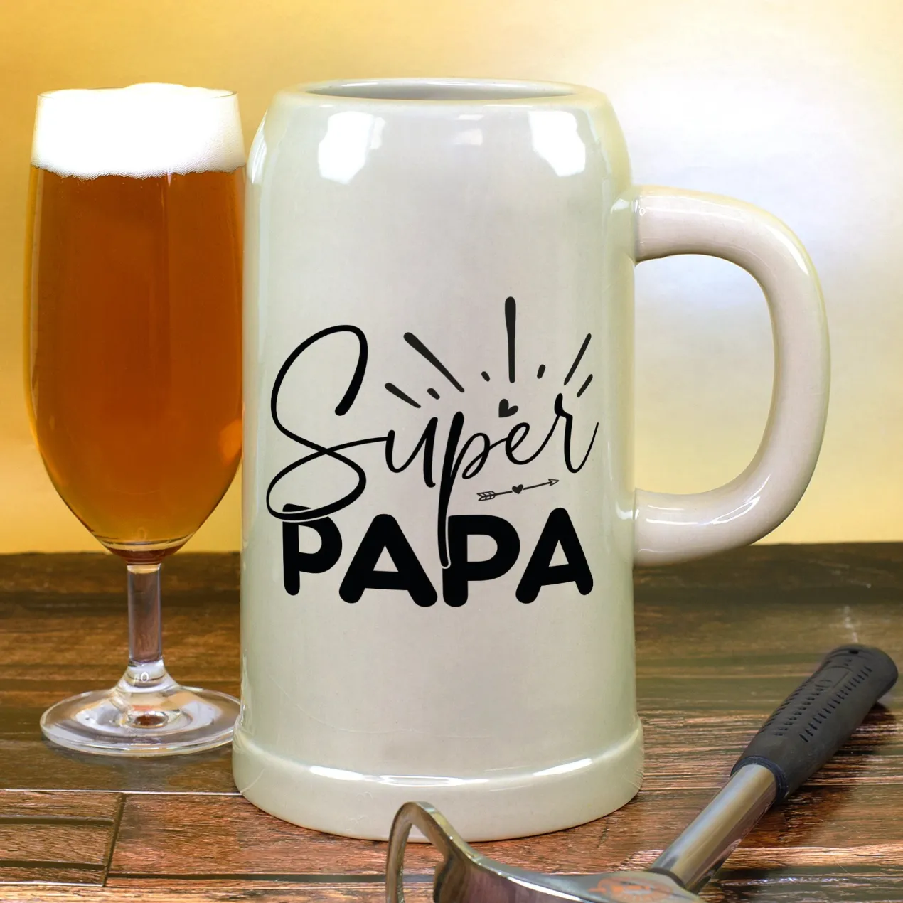 Steingut Bierkrug 'Super Papa' als Geschenk für Väter | Keramik Bierglas 0,5 oder 1 Liter