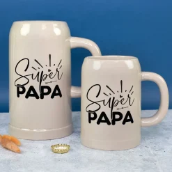 Steingut Bierkrug 'Super Papa' als Geschenk für Väter | Keramik Bierglas 0,5 oder 1 Liter