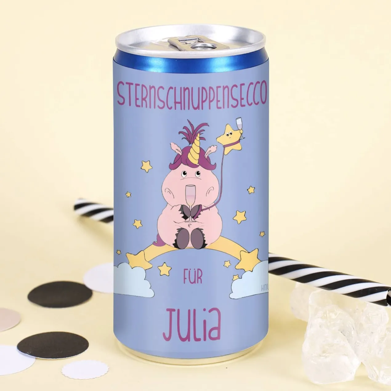Sternschnuppensecco mit Einhorn und Ihrem Wunschnamen