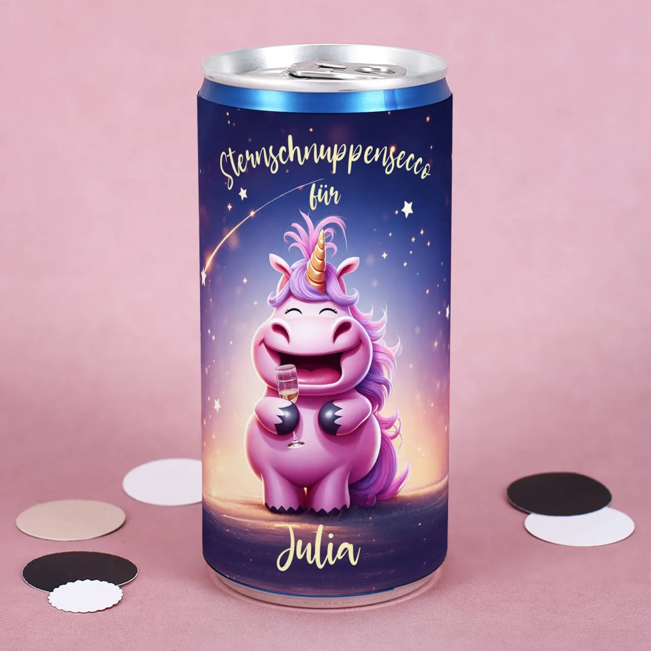 Sternschnuppensecco mit Einhorn und Ihrem Wunschnamen