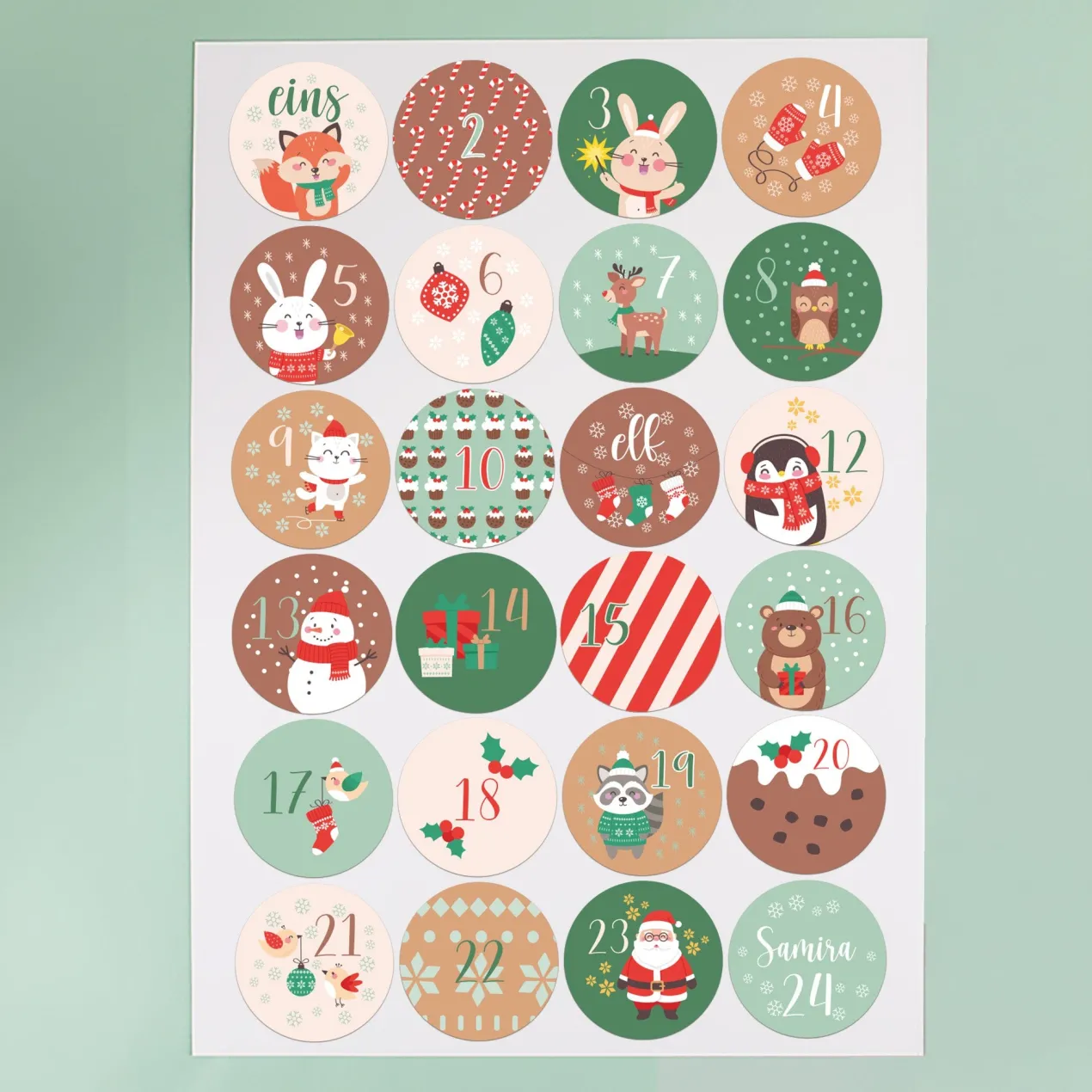 Sticker-Set mit 24 personalisierbaren Aufklebern für DIY Adventskalender | Weihnachtstiere
