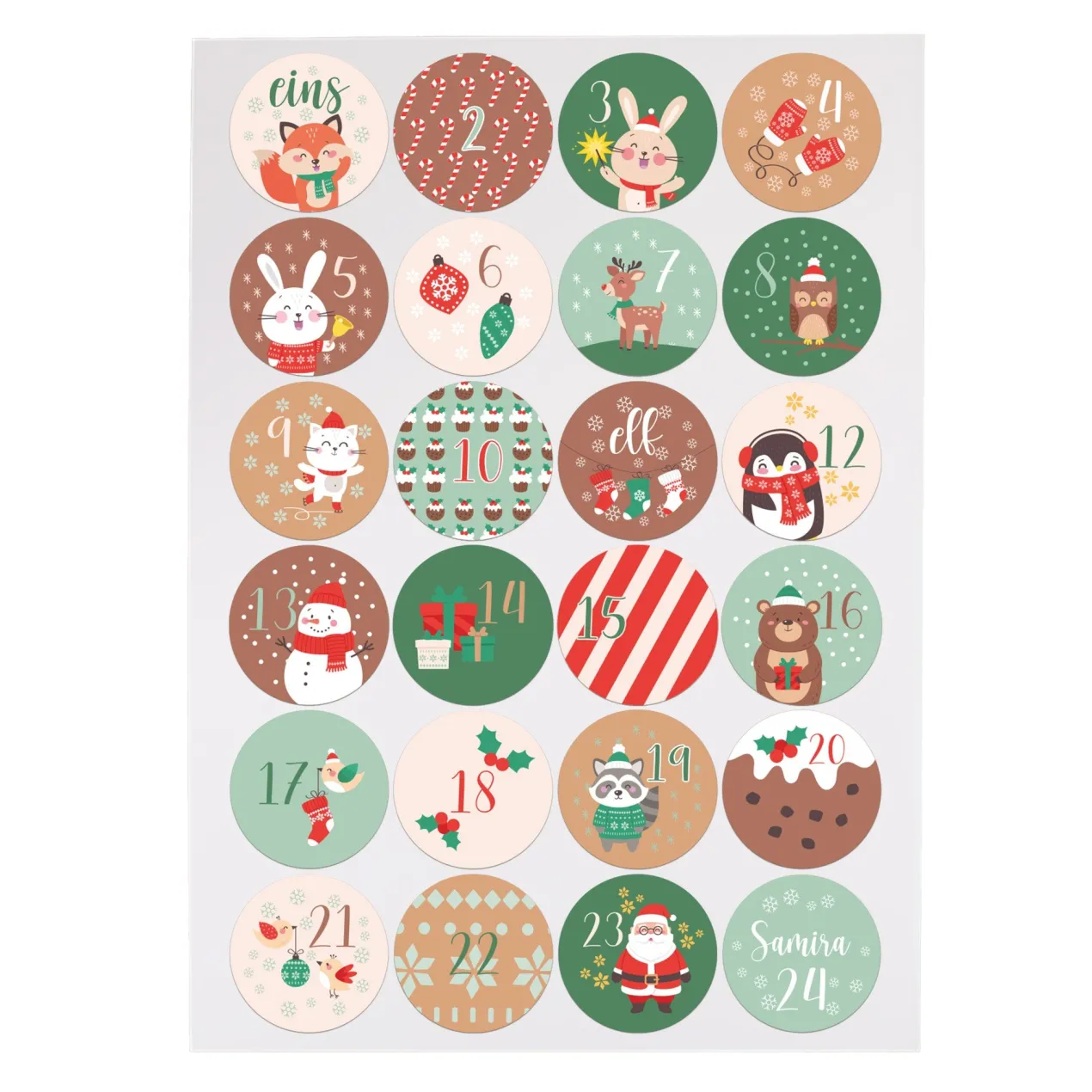 Sticker-Set mit 24 personalisierbaren Aufklebern für DIY Adventskalender | Weihnachtstiere