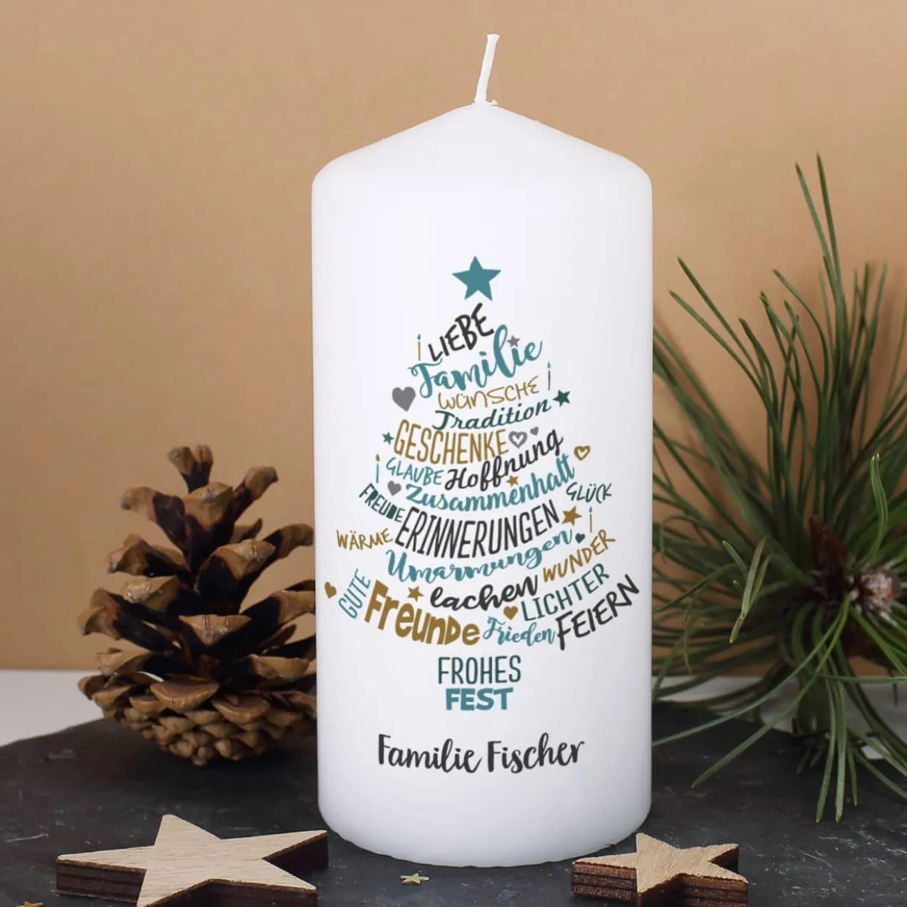 Stimmungsvolle Weihnachts-Kerze mit Wunschtext