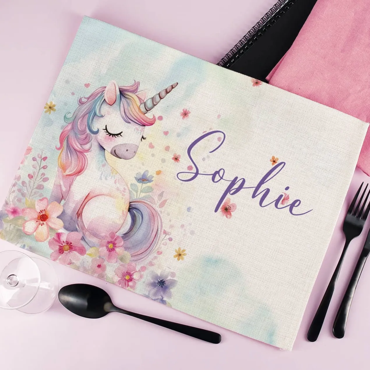 Stoff Platzdeckchen mit Einhornmotiv und Wunschname