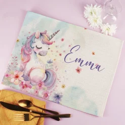 Stoff Platzdeckchen mit Einhornmotiv und Wunschname