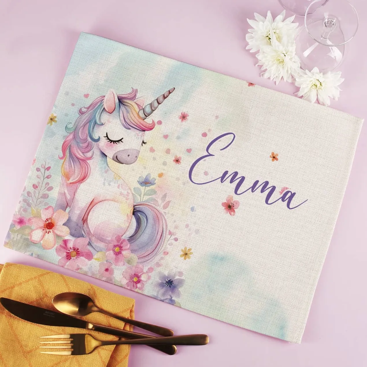 Stoff Platzdeckchen mit Einhornmotiv und Wunschname