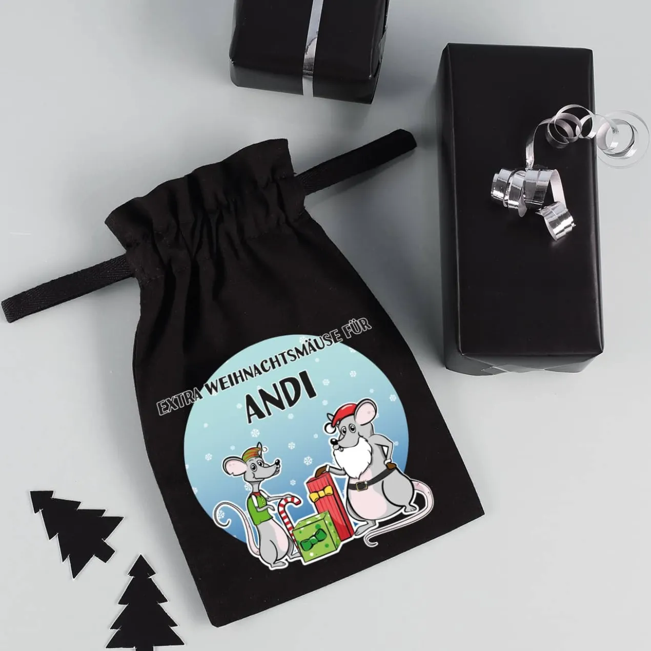 Stoffsack "Extra Weihnachtsmäuse" mit Ihrem Wunschnamen bedruckt