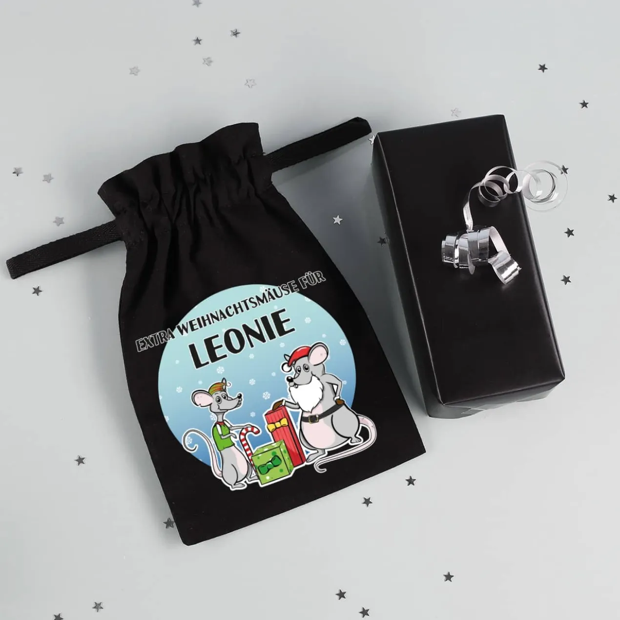 Stoffsack "Extra Weihnachtsmäuse" mit Ihrem Wunschnamen bedruckt