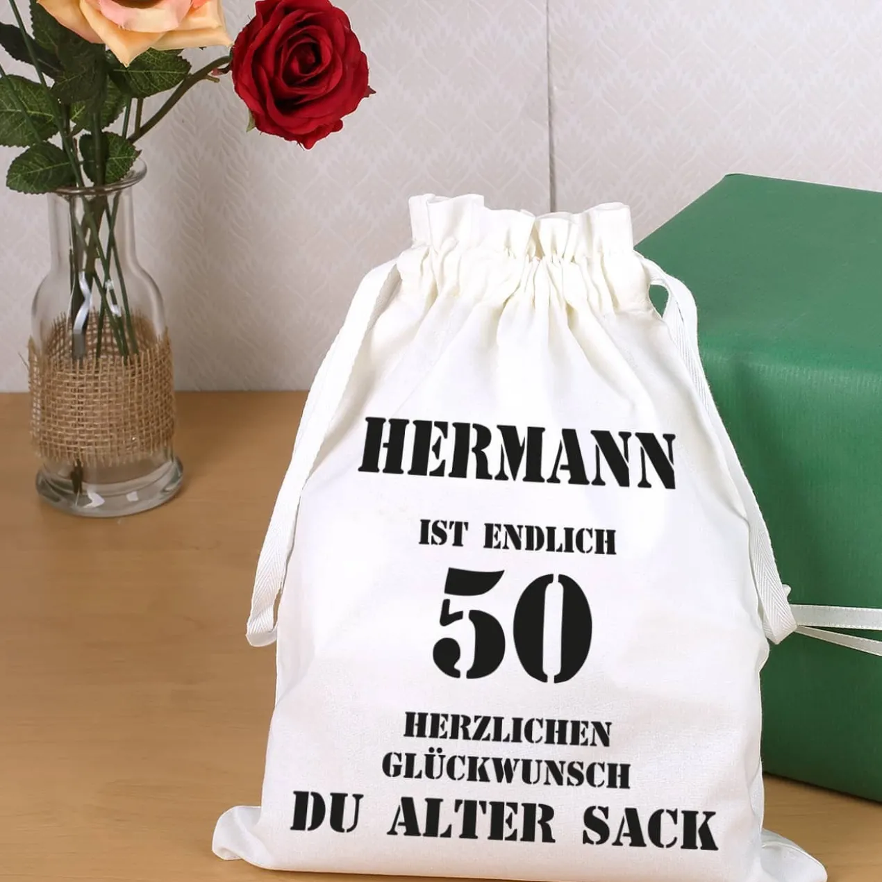 Stoffsack mit Zuziehband zum 50. Geburtstag eines alten Sacks