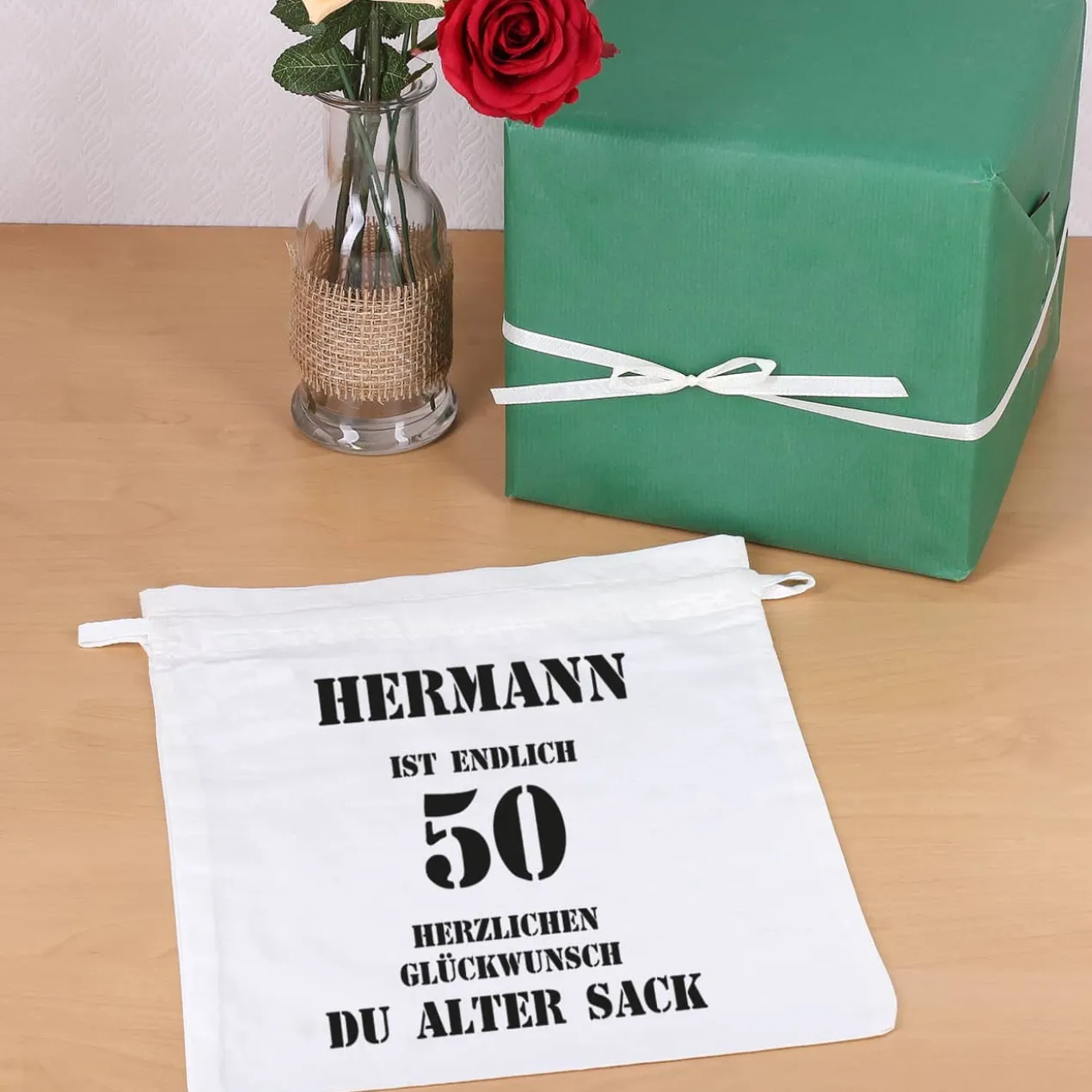 Stoffsack mit Zuziehband zum 50. Geburtstag eines alten Sacks