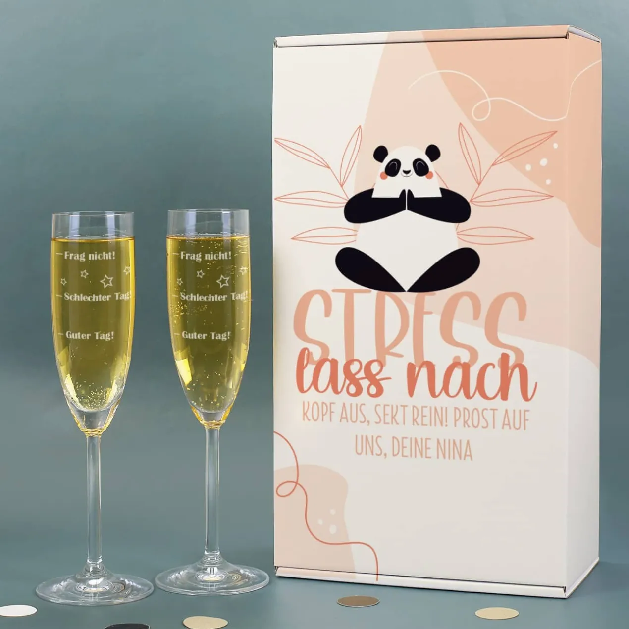 Stress lass nach Box mit zwei gravierten Sektgläsern - Guter Tag Schlechter Tag -