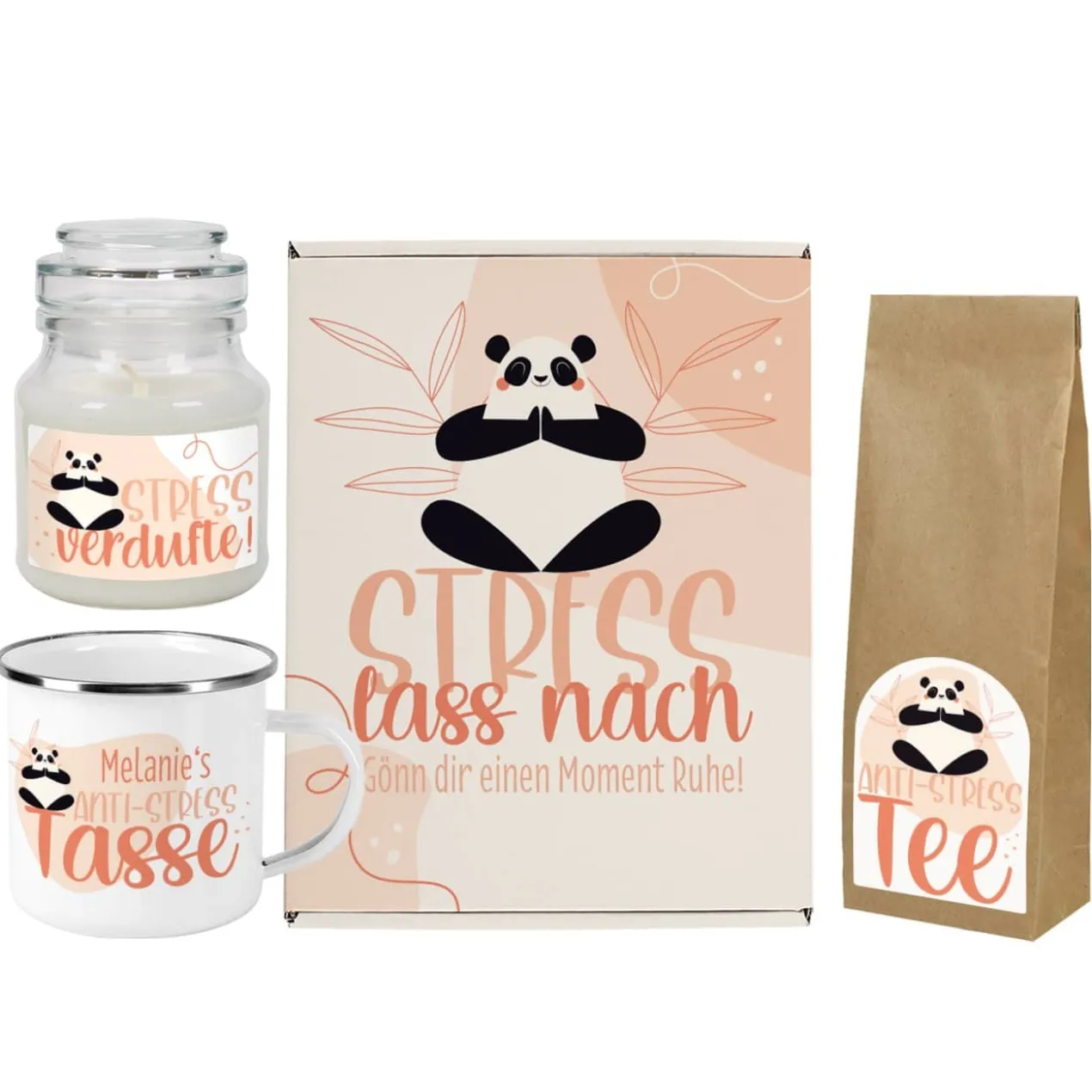 Stress lass nach! - Geschenkset mit Tee, Tasse und Duftkerze