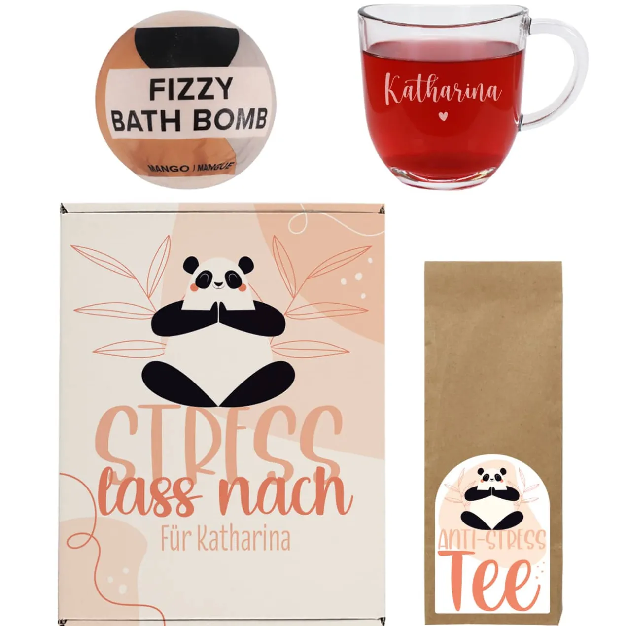 Stress lass nach Set mit Tee, Teeglas und Badebombe in persönlicher Box