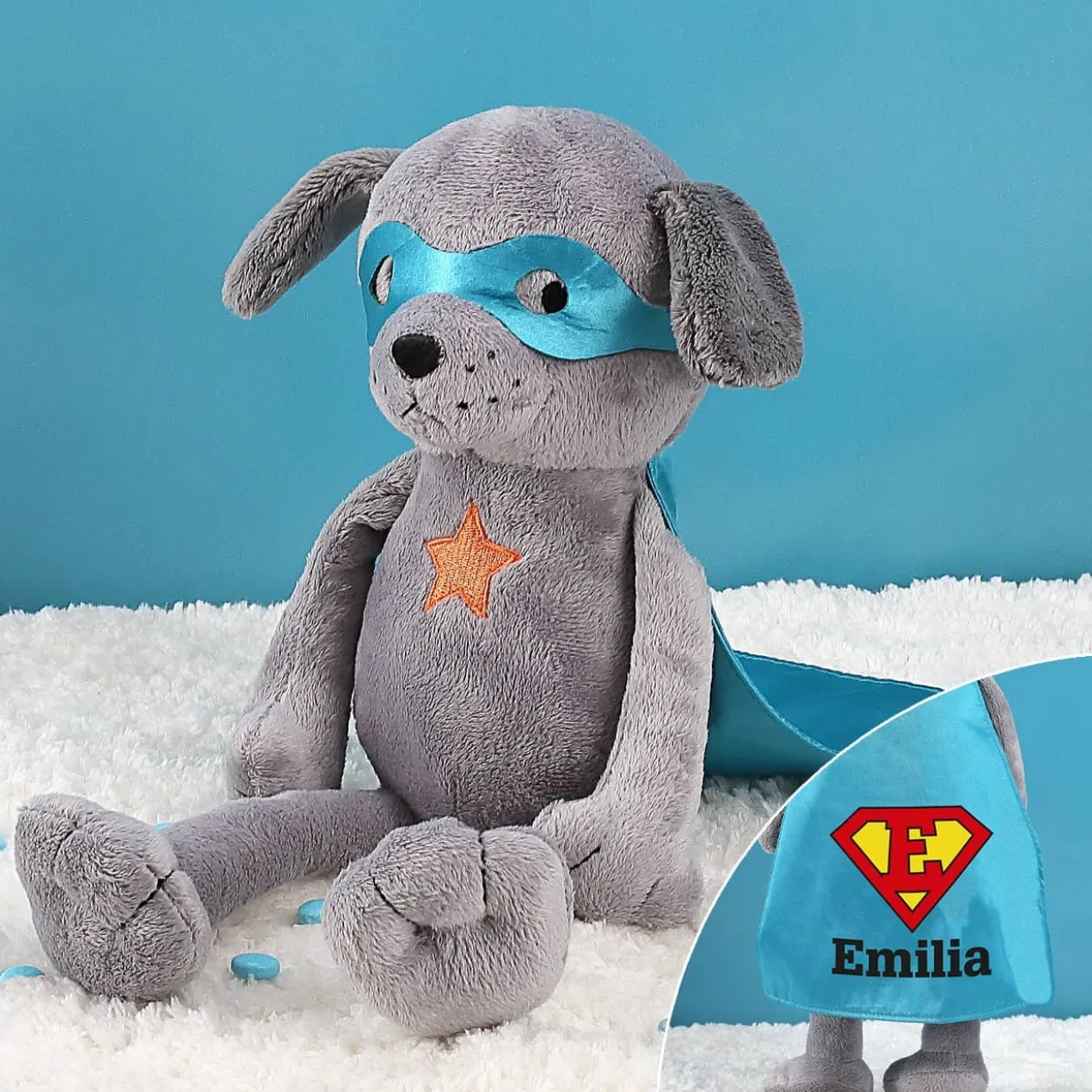 Superhund - Kuscheltier mit Ihrem Wunschnamen und Initial auf dem Cape