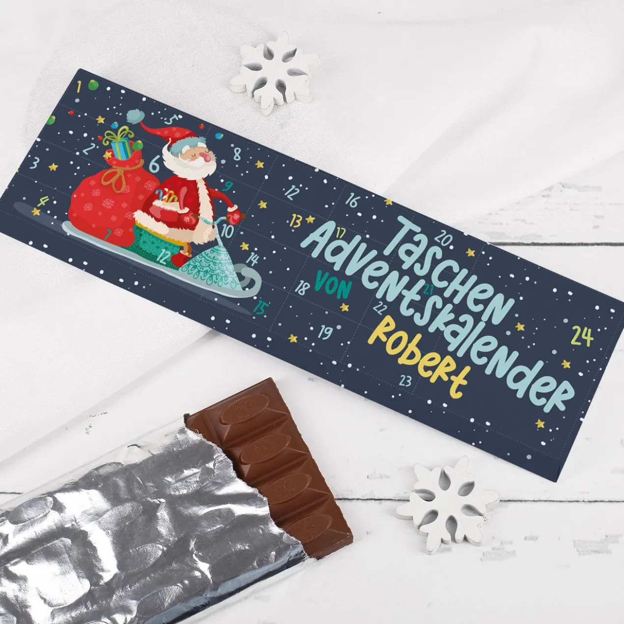 Taschen Adventskalender - 300g Schokolade als Weihnachtskalender mit Namensaufdruck