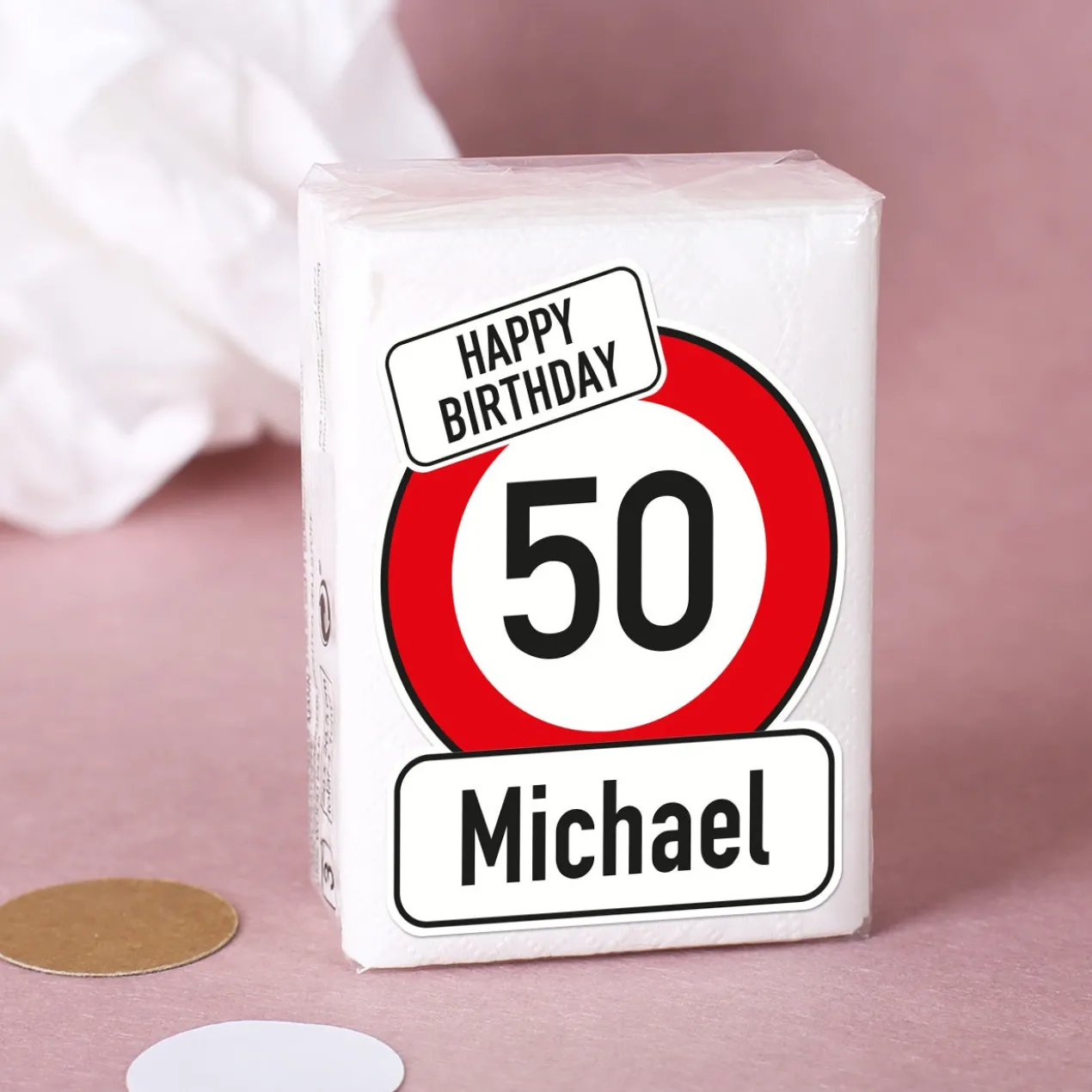Taschentücher zum Geburtstag mit Verkehrszeichen, Name und Alter bedruckt