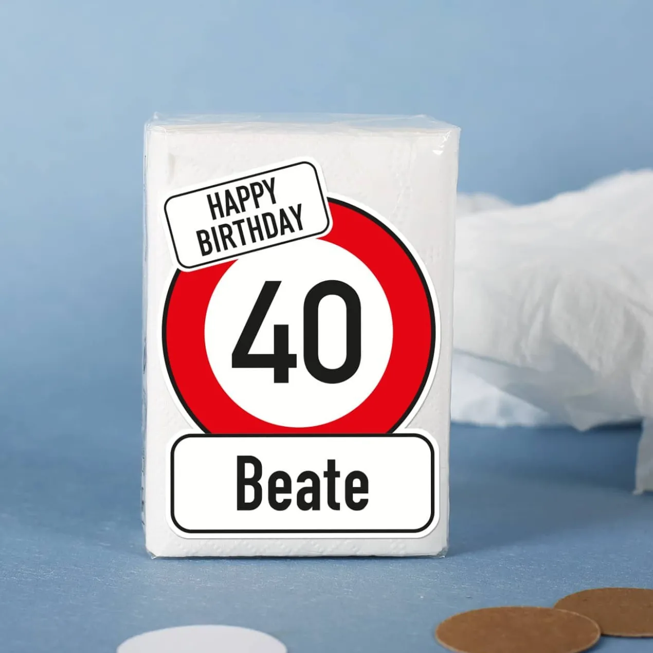 Taschentücher zum Geburtstag mit Verkehrszeichen, Name und Alter bedruckt