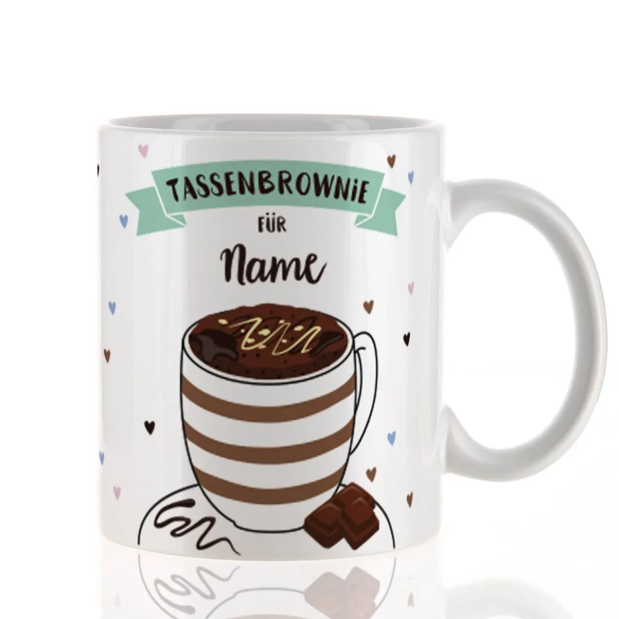 Tasse bedruckt mit Name und Rezept für Tassenbrownie