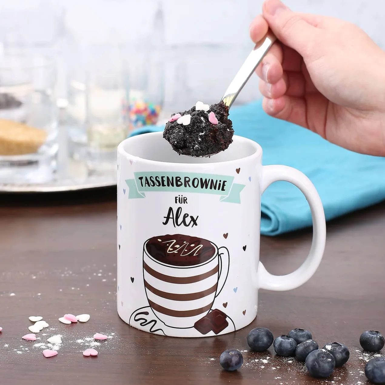 Tasse bedruckt mit Name und Rezept für Tassenbrownie